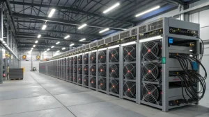 A high-tech Bitcoin mining setup with ASIC miners and cooling units.
