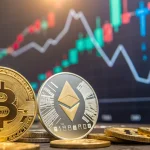 Collage of cryptocurrency logos with abstract background