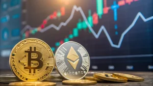 Collage of cryptocurrency logos with abstract background