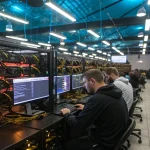 A modern cryptocurrency mining facility with multiple miners and advanced rigs