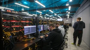 A modern cryptocurrency mining facility with multiple miners and advanced rigs