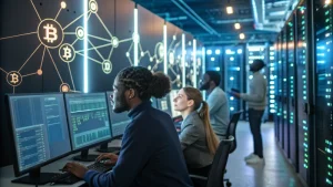 A digital illustration of a bitcoin mining pool with diverse individuals collaborating on computers.