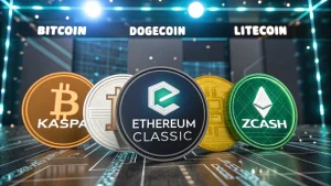 A collage of cryptocurrency logos on a futuristic background