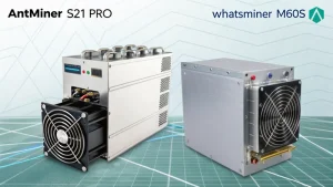 Infographic comparing cryptocurrency mining machines Antminer S21 Pro and Whatsminer M60S